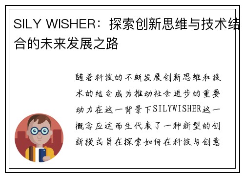 SILY WISHER：探索创新思维与技术结合的未来发展之路